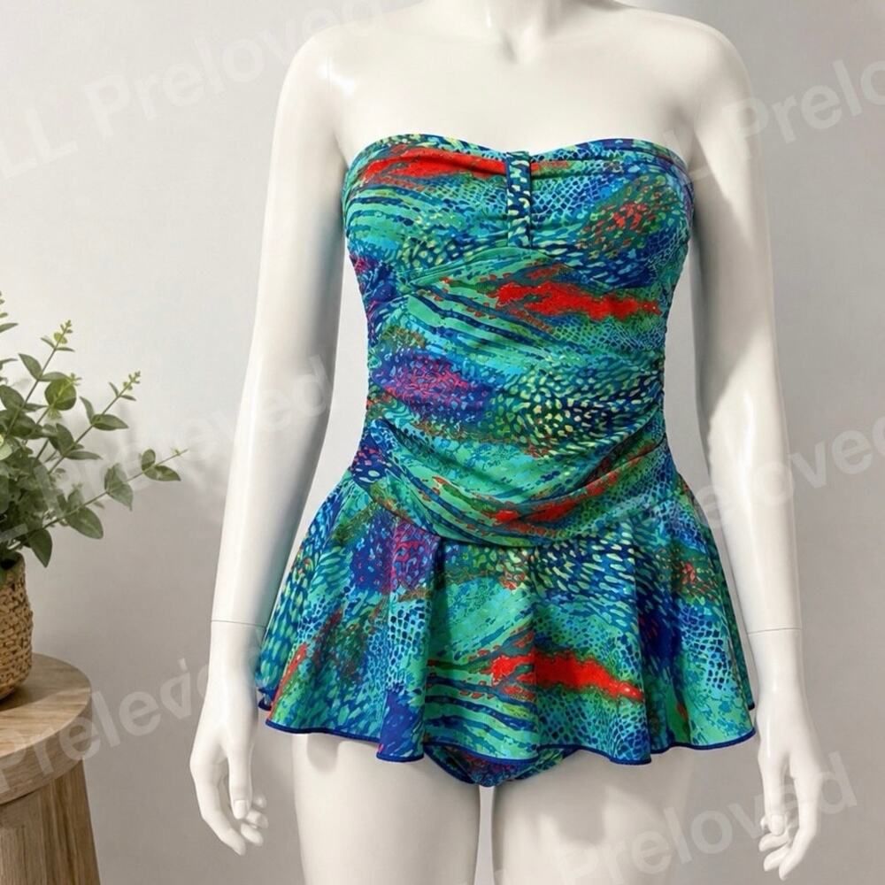 Ceeb Strapless Swim Dress‎ One Piece Swimsuit Size 8 Blue Tropical Print